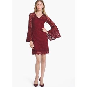 $ DROP WHBM Bell Sleeve Intricate Red Lace Dress